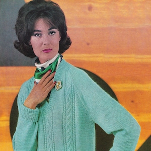 Ladies V-Neck Sweater with Cable Panels in Two Yarn Weights, Vintage Knitting Pattern, PDF, Digital Download - D209