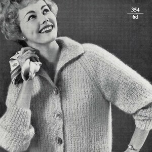 May include: A vintage knitting pattern for a cardigan made with mohair yarn. The pattern is for sizes 34, 36, and 38 inches. The pattern is titled "The Magic Touch of Mohair".