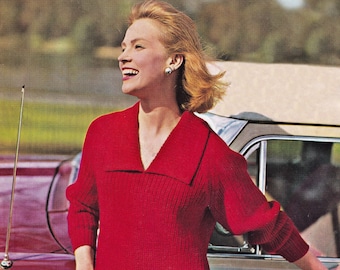 Ladies Classic Fishermans Rib Sweater with Collar, Vintage Knitting Pattern, PDF, Digital Download - D495