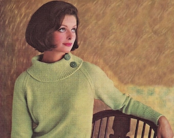 Ladies Stylish Raglan Sleeve Sweater with Cowl Neck, Vintage Knitting Pattern, PDF, Digital Download - D398