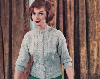 Ladies Attractive Round Cardigan with Three Quarter Sleeves and Cable Detail, Vintage Knitting Pattern, PDF, Digital Download - D391