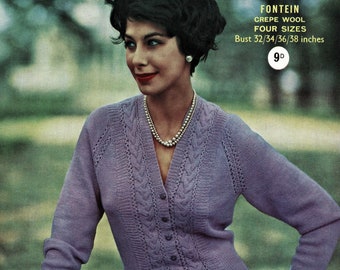 Ladies Pretty Raglan Cardigan with Front Cable Detail, Vintage Knitting Pattern, PDF, Digital Download - B610