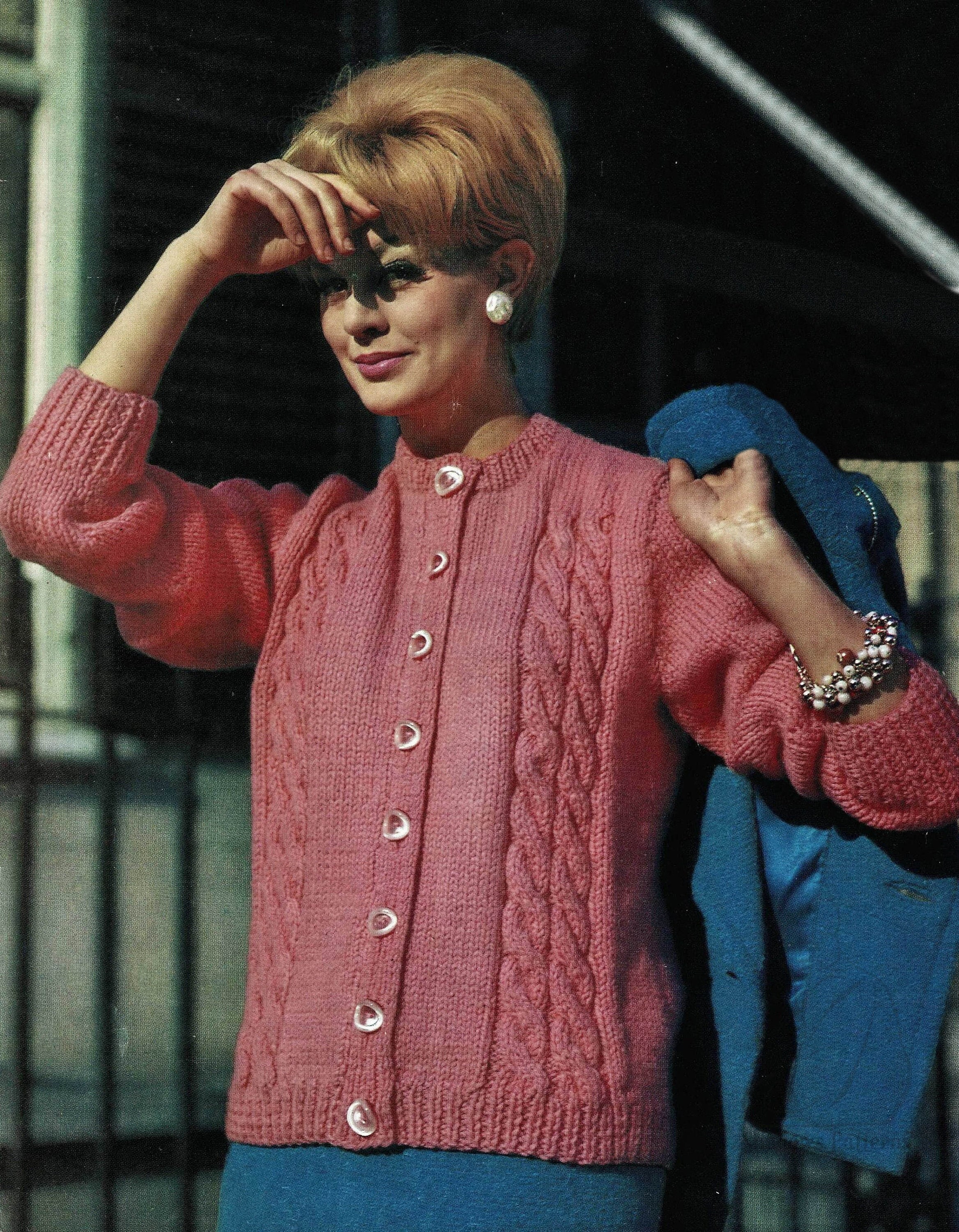 Ladies Round Neck Cardigan with Front Cables in Two Yarn Weights, Vintage Knitting Pattern, PDF, Digital Download - C178