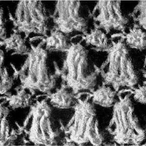 May include: A black and white textile featuring a repeating pattern of raised, textured loops. The surface displays a dense, knit-like structure with vertical columns of soft, fibrous tufts arranged in a consistent grid across the entire fabric.