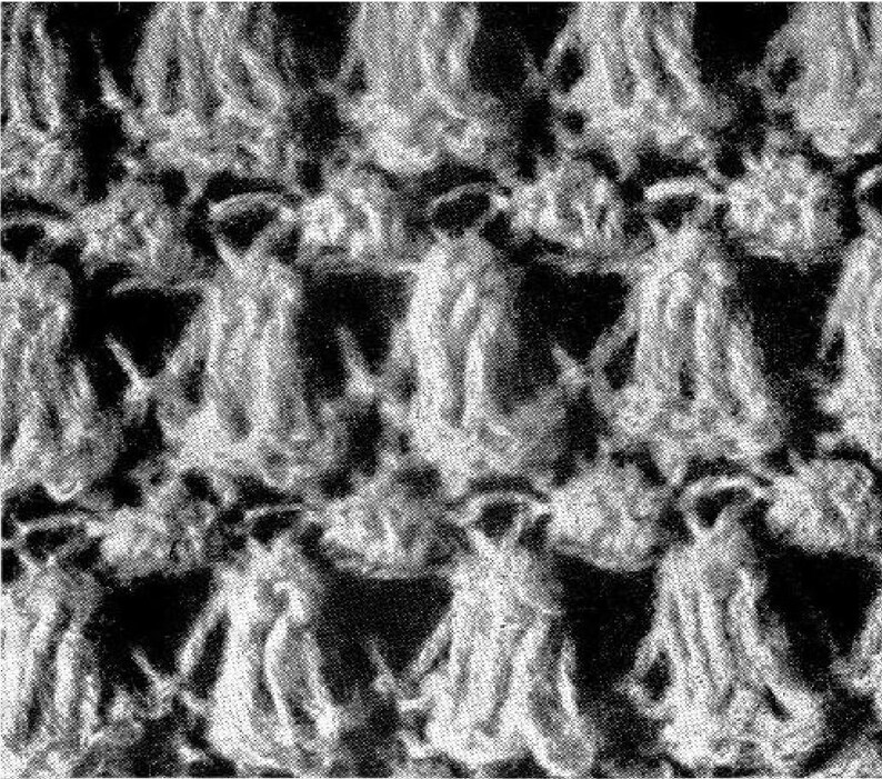 May include: A black and white textile featuring a repeating pattern of raised, textured loops. The surface displays a dense, knit-like structure with vertical columns of soft, fibrous tufts arranged in a consistent grid across the entire fabric.