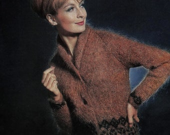 Ladies Stylish Mohair Jacket with Decorative Fair Isle Bands and Shawl Collar, Vintage Knitting Pattern, PDF, Digital Download - B681