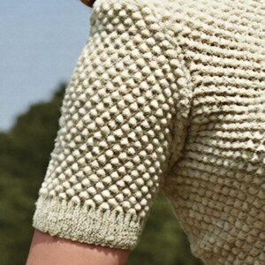 May include: A short-sleeved top in a light beige color featuring a prominent textured popcorn stitch pattern throughout the body and sleeves. The garment has a ribbed knit trim along the sleeve edge and a high neckline, showcasing a dense knit construction.