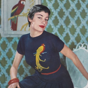 Maglione da donna con uccello del paradiso, modello vintage per maglieria, PDF, download digitale - D529