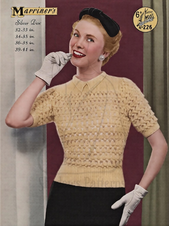Ladies Attractive Bell Stitch Jumper with Ribbed Yoke and Collar, Vintage Knitting Pattern, PDF, Digital Download - D985