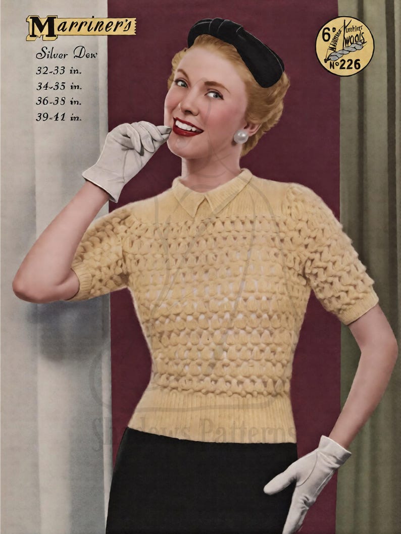 May include: A vintage knitting pattern booklet titled Marriner's Silver Dew No. 226, featuring a pale yellow short-sleeved knit sweater with a textured bobble stitch pattern, a collared neckline, and a ribbed hem, displayed on a model.