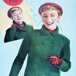 May include: A vintage knitting pattern cover titled LADY'S JACKET for 33 to 35 inch bust size and 21 ozs. Double Knitting wool. The illustration features a double-breasted green textured jacket with a collar, worn with brown gloves and a brown hat.