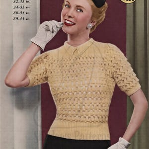 May include: A vintage knitting pattern booklet titled Marriner's Silver Dew No. 226, featuring a pale yellow short-sleeved knit sweater with a textured bobble stitch pattern, a collared neckline, and a ribbed hem, displayed on a model.