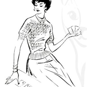 May include: A black and white line drawing of a person with short dark hair wearing a short-sleeved collared sweater with a textured pattern. The person is holding a hand of playing cards and has one hand resting on a table with two cards.