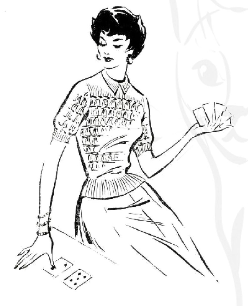 May include: A black and white line drawing of a person with short dark hair wearing a short-sleeved collared sweater with a textured pattern. The person is holding a hand of playing cards and has one hand resting on a table with two cards.