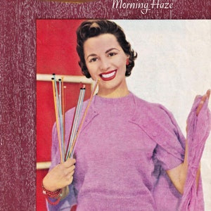 May include: Knitting pattern leaflet for a "Morning Haze" sweater and matching gloves. The pattern is for a classic twin set, fully fashioned, and available in sizes 34 to 42 inches. The image shows a woman wearing the finished sweater and gloves, holding knitting needles.