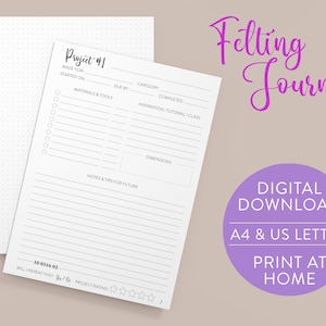 Diario de fieltro - A4 y tamaño carta / Diario guiado para planificar proyectos de fieltro húmedo y fieltro de aguja / Descarga digital para imprimir en casa