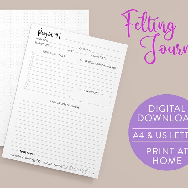 Felting Journal - A4 & Letter Size | Guided Journal For Planning Wet Felting And Needle Felting Projects | Digital Download To Print At Home