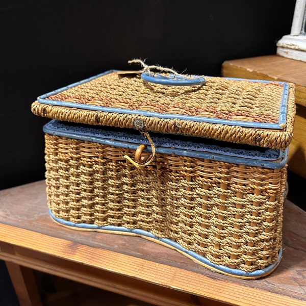 Vintage Mid Century French Woven Sewing Basket Box, Vintage Hobby Crafts Caddy