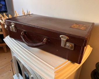 Vintage Brown Suitcase With Working Clasps Stamped 'TGB' Blue Velvet Lining