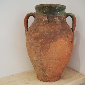 Vintage Turkish Terracotta Olive Jar: Green Glazed Antique Handle Pot