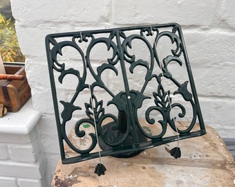 Vintage Green Cast Iron Kitchen Cookbook Stand with 2 Weights