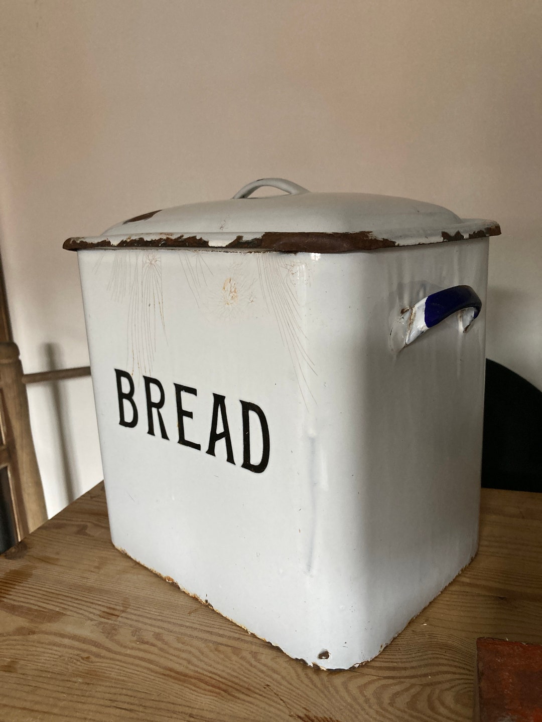 Vintage White Enamel Double Handle Bread Bin Etsy