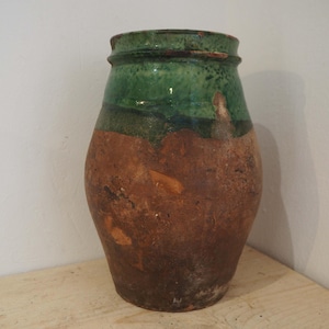 Vintage Turkish Terracotta Olive Jar: Green Glazed Rim, Antique Handle Pot