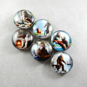 May include: Six round glass magnets with images of a Bigfoot in various scenarios. One magnet shows Bigfoot using a laptop, another riding a bicycle, and another crossing a street with a briefcase. The magnets have silver metal edges.