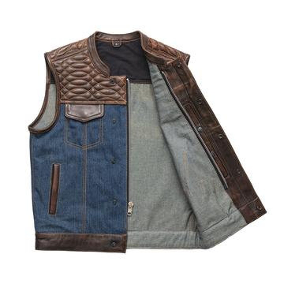 HANDMADE Hunt Club Men's Club Style Brick Quilted Leather Denim Vest