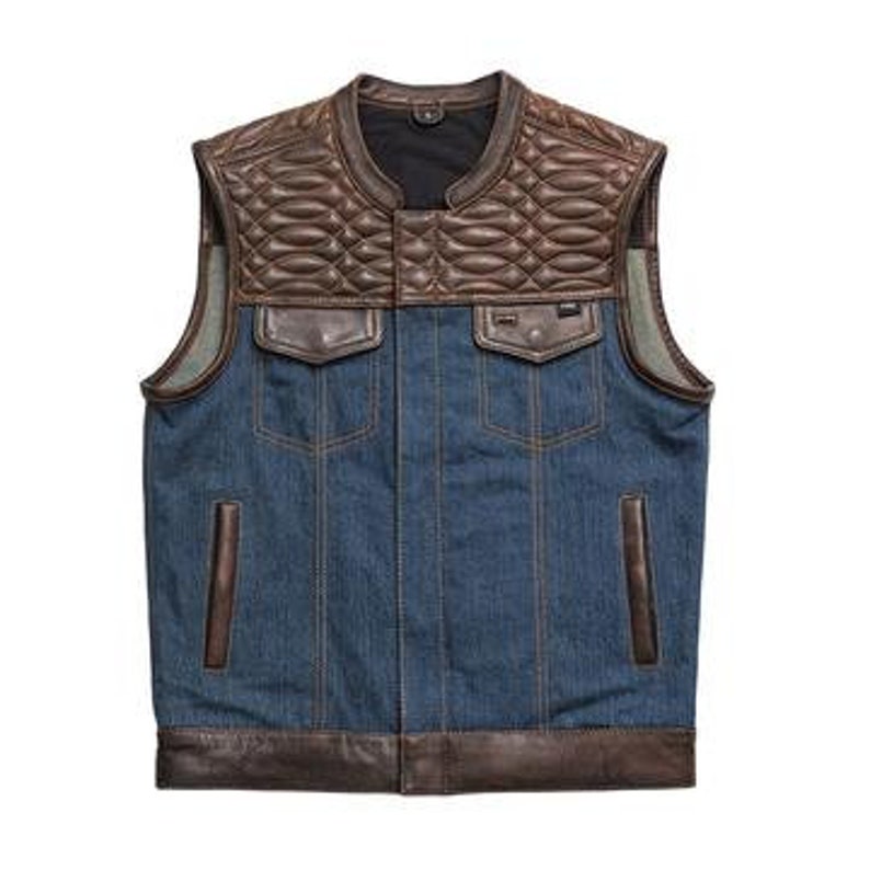 HANDMADE Hunt Club Men's Club Style Brick Quilted Leather Denim Vest