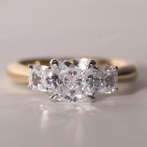 1CT Cushion Cut Lab Grown Engagement Ring, Tone Stone Gold Lab Grown Ring, Cushion Cut Trilogy Hidden Halo Three Stone Engagement Ring