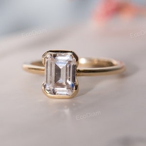 1 CT Emerald Cut Lab Grown Diamond Ring, Solitaire Engagement Ring, Half Bezel Setting, Diamond Wedding Ring, Anniversary Gift, Ring For Her