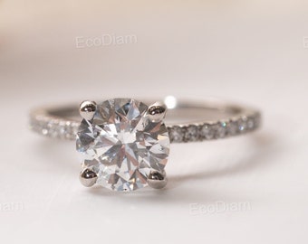 1CT Round Lab Grown Diamond Engagement Ring, Solid 14K White Gold Promise Ring, CVD Lab Created Diamond, Proposal Jewelry