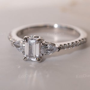 Three Stone Diamond Engagement Ring, 1 CT Emerald Cut Lab Grown Diamond Ring, Side Pear Cut Lab Diamond, CVD Wedding Ring, Anniversary Ring