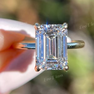 3.70 CT Emerald Cut Lab Grown Diamond Hidden Halo Solitaire Engagement Ring in 14K Solid Gold, IGI Certified Radiant Emerald Diamond Ring