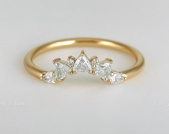 Triangle Cut Curved CVD Diamond Wedding Band with Round and Pear Contour Half Eternity Lab Grown Ring, Stackable Bridal for Women