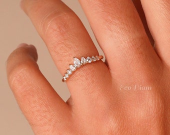 Dainty Lab Grown Diamond Wedding Band, 14K Gold Curvy Half Eternity Ring, Round and Pear Diamonds, Bridal, Anniversary, Stacking Jewelry