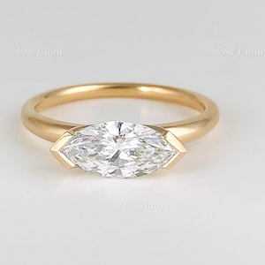East West Marquise Cut Lab Grown Diamond V Shape Prong Solitaire Engagement Ring, Unique Solitaire Diamond Ring, 18K Gold Wedding Ring
