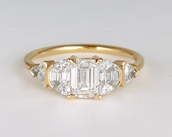 0.60 CT Emerald Cut Lab Grown Diamond Ring with Half Moon and Trilliant Diamond, Anniversary Gift for Her, Engagement Jewelry, Vintage Style