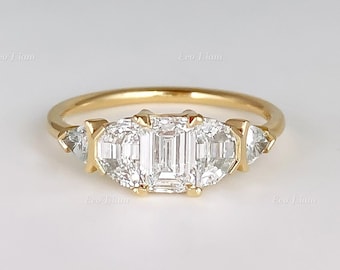 0.60 CT Emerald Cut Lab Grown Diamond Ring, Half Moon Cut And Two Trilliant Cut Diamonds Lab Grown Diamond Anniversary Gift, For Her Women