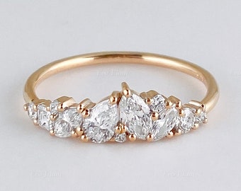 Baguette, Birne, Marquise und runde geschnittene halbe Ewigkeit Labor gewachsene Diamant Band, 14K Gelbgold Designer Ehering, Jubiläumsgeschenk für sie