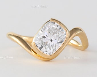 1.5 CT Cushion Cut Lab Grown Diamond Engagement Ring, Handmade Half Bezel Solitaire Ring, Certified Cushion Diamond Wedding Band for Women