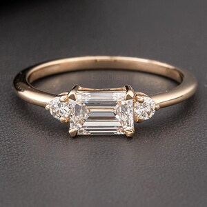 Emerald Cut Three Stone Engagement Ring, Side Round Diamond Lab Grown Diamond Ring, Emerald Shape Lab Grown Diamond Ring, Three Stone Ring,