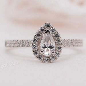 0.50 CT Pear Cut Lab Grown Diamond Halo Engagement Ring, 14K Solid White Gold Wedding Ring, Solitaire With Accent Ring, Women Diamond Ring
