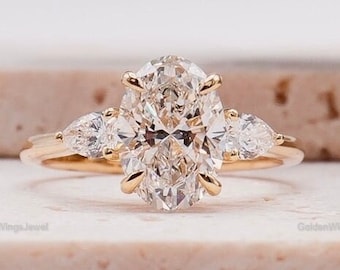 Anello con 3 diamanti coltivati in laboratorio, anello di fidanzamento con taglio ovale e a pera da 2 ct, gioiello per proposta di matrimonio con diamanti da laboratorio, purezza VVS, crescita HPHT/CVD