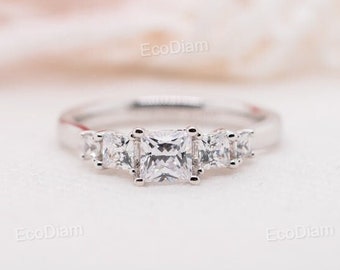 Princess Five Stone Diamond Ring, Lab Grown Diamond Engagement Ring, Trellis Setting Promise Anniversary Gift, Handmade White Gold Jewelry