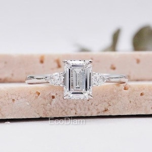 1.25 CT Emerald Cut Lab Grown Engagement Ring, Three Stone Diamond Ring, Side Pear Cut Round Diamond, Emerald Stone Wedding Anniversary Gift