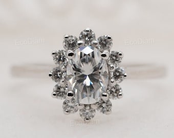 Oval Shaped Lab Grown Diamond Engagement Ring, 1 CT Cluster Halo Wedding Ring for Women, Certified CVD Oval Diamond Ring, Gift Jewelry