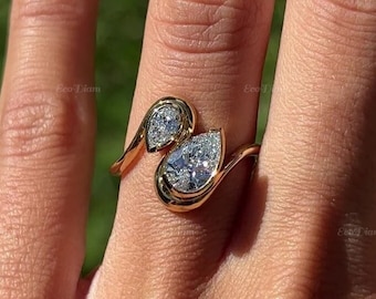 Anello Toi Et Moi con diamante a pera con diamante a pera, anello con due diamanti coltivati in laboratorio da 1,40 TCW, anello di fidanzamento, anello solitario con castone, regalo di anniversario