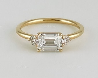 Emerald Cut East West 0.96 CT Lab Grown Engagement Ring, Emerald CVD Diamond Wedding Ring, Solitaire Bridal Ring, Three Stone Proposal Ring